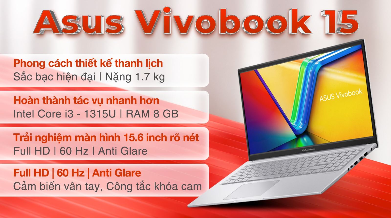 Laptop Asus Vivobook 15 X1504VA - NJ1634W (i3 1315U, 8GB, 512GB, Full HD, Win11)